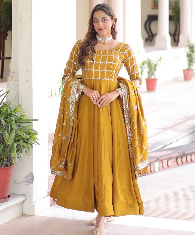 Yellow festive wear designer nc vichitra sequins & zari embroidered work readymade suit