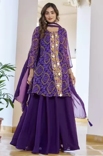 Purple festive wear designer fox georgette mirror with thread with bids look embroidery work readymade suit