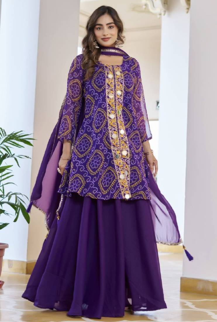 Purple festive wear designer fox georgette mirror with thread with bids look embroidery work readymade suit