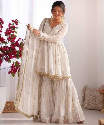 White festive wear designer mal chanderi real mirror with handwork readymade suit 1