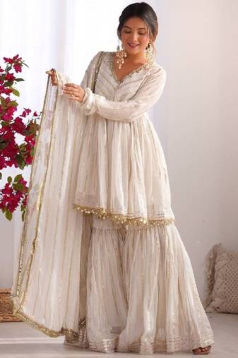 White festive wear designer mal chanderi real mirror with handwork readymade suit