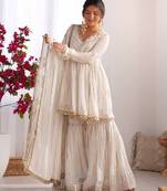 White festive wear designer mal chanderi real mirror with handwork readymade suit