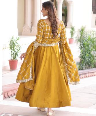 Yellow festive wear designer nc vichitra sequins & zari embroidered work readymade suit 4