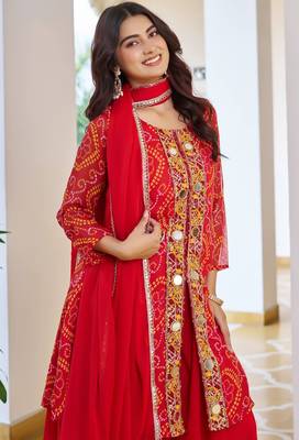 Red festive wear designer fox georgette mirror with thread with bids look embroidery work readymade suit 4