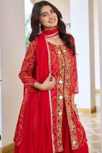 Red festive wear designer fox georgette mirror with thread with bids look embroidery work readymade suit