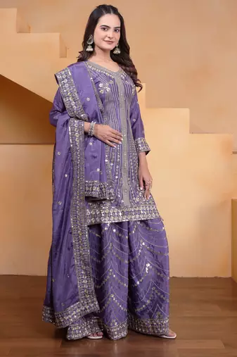 Lavender festive wear designer chinon  readymade suit