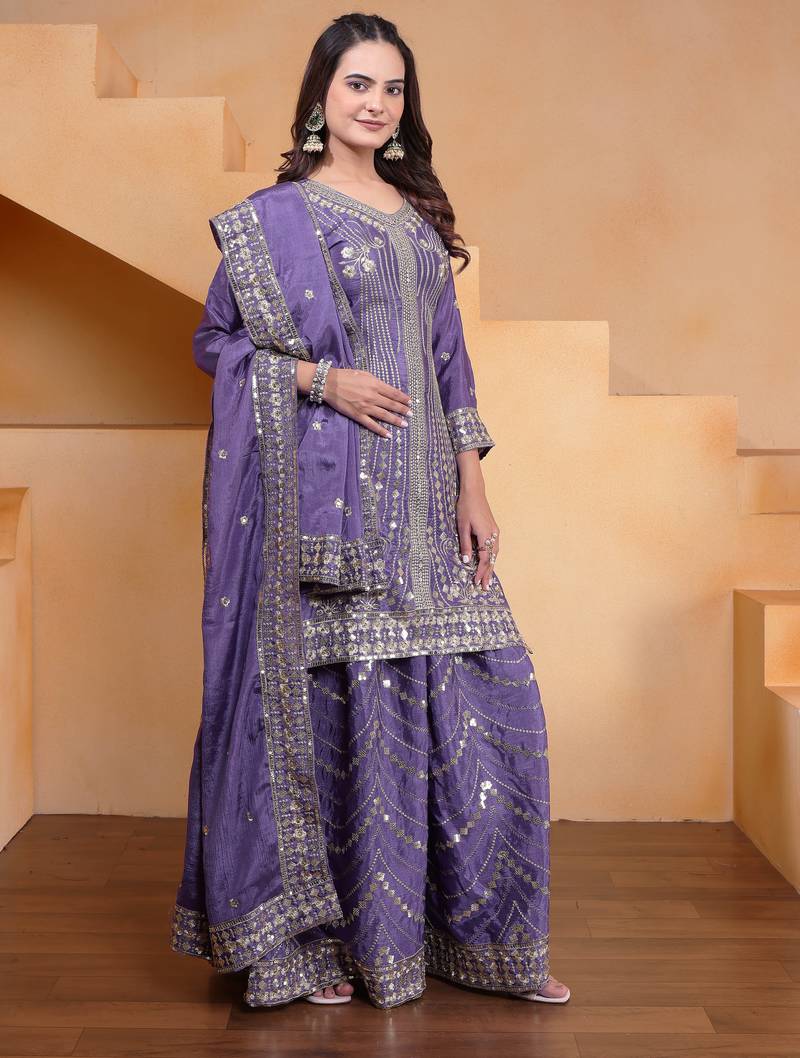Lavender festive wear designer chinon  readymade suit