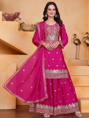 Rani pink festive wear designer chinon  readymade suit 1