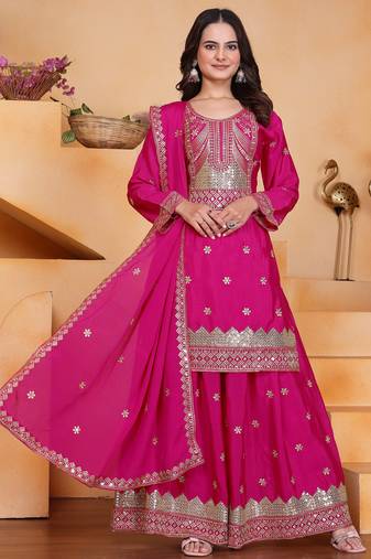 Rani pink festive wear designer chinon  readymade suit