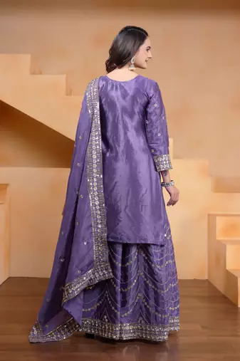 Lavender festive wear designer chinon  readymade suit