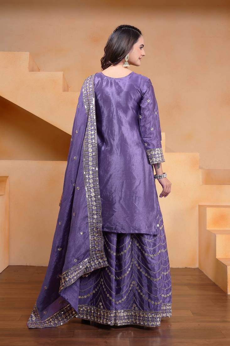 Lavender festive wear designer chinon  readymade suit