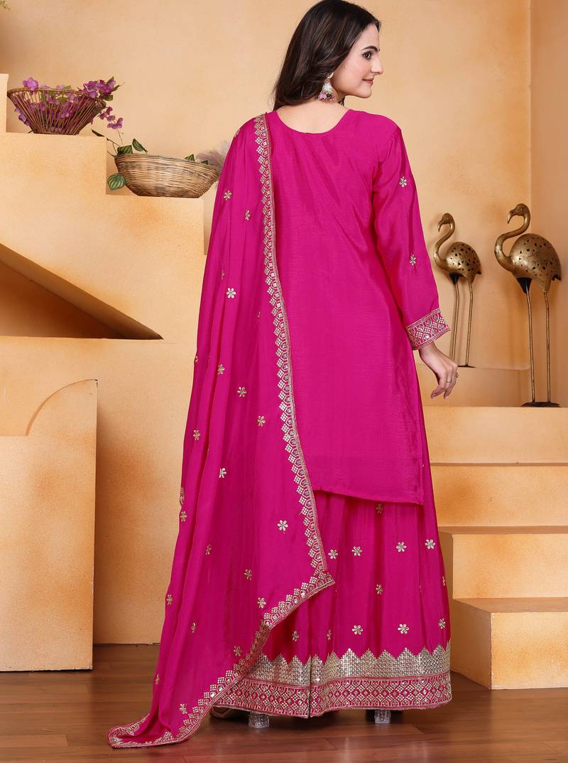 Rani pink festive wear designer chinon  readymade suit