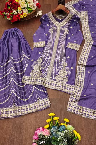 Lavender festive wear designer chinon  readymade suit
