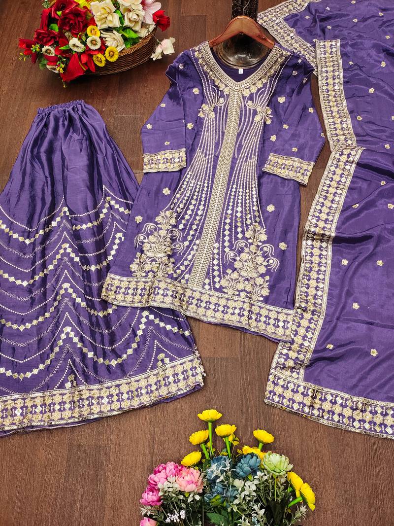 Lavender festive wear designer chinon  readymade suit