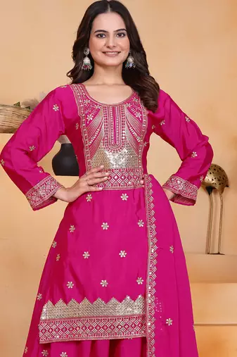 Rani pink festive wear designer chinon  readymade suit
