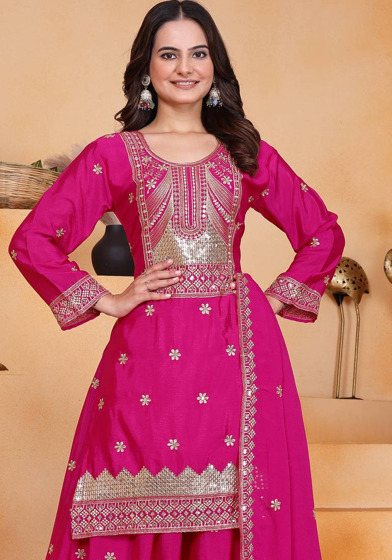 Rani pink festive wear designer chinon  readymade suit