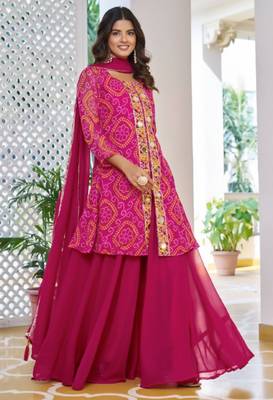 Pink festive wear designer fox georgette mirror with thread with embroidery work readymade suit 1