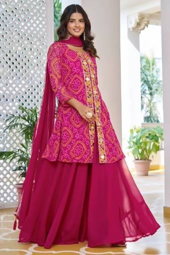 Pink festive wear designer fox georgette mirror with thread with embroidery work readymade suit