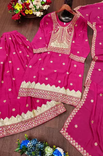 Rani pink festive wear designer chinon  readymade suit