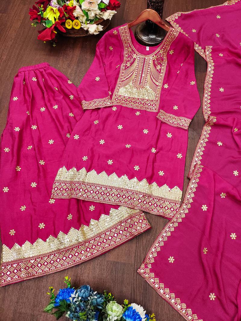 Rani pink festive wear designer chinon  readymade suit