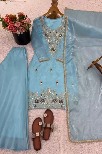 Sky blue festive wear designer pure jimmy choo silk embroidery sequence work readymade suit