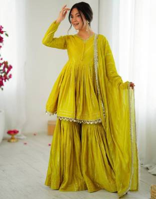 Yellow festive wear designer mal chanderi real mirror with handwork readymade suit 1