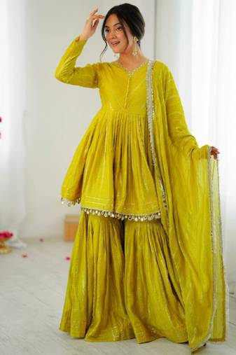 Yellow festive wear designer mal chanderi real mirror with handwork readymade suit