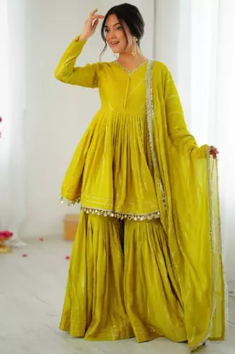Yellow festive wear designer mal chanderi real mirror with handwork readymade suit