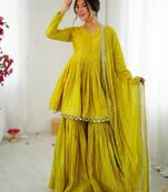 Yellow festive wear designer mal chanderi real mirror with handwork readymade suit