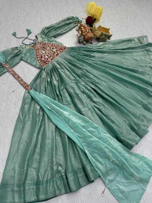 Sky blue festive wear designer fendy silk heavy sequence & thread embroidery work readymade suit 4