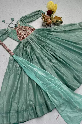 Sky blue festive wear designer fendy silk heavy sequence & thread embroidery work readymade suit