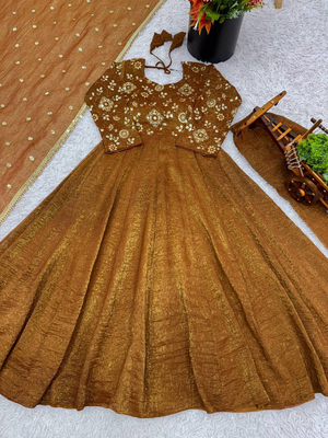 Mustard festive wear designer crunchy silk embroidery work readymade suit 4