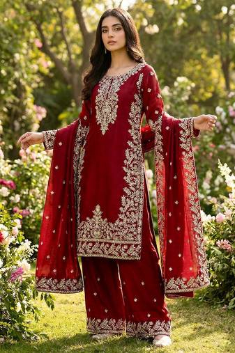 Maroon festive wear designer pure gmy silk heavy embroidery sequence work readymade suit
