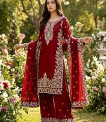 Maroon festive wear designer pure gmy silk heavy embroidery sequence work readymade suit
