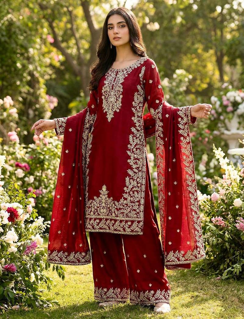Maroon festive wear designer pure gmy silk heavy embroidery sequence work readymade suit