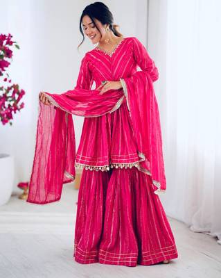 Pink festive wear designer mal chanderi real mirror with handwork readymade suit 1