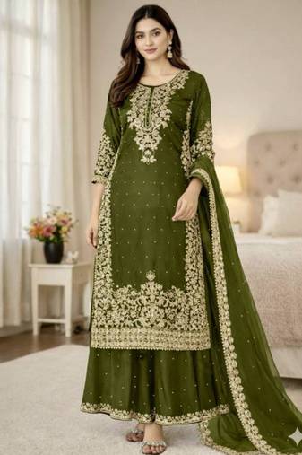 Mehendi green festive wear designer pure gmy silk embroidery coding sequence work with moti work readymade suit