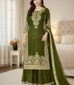 Mehendi green festive wear designer pure gmy silk embroidery coding sequence work with moti work readymade suit