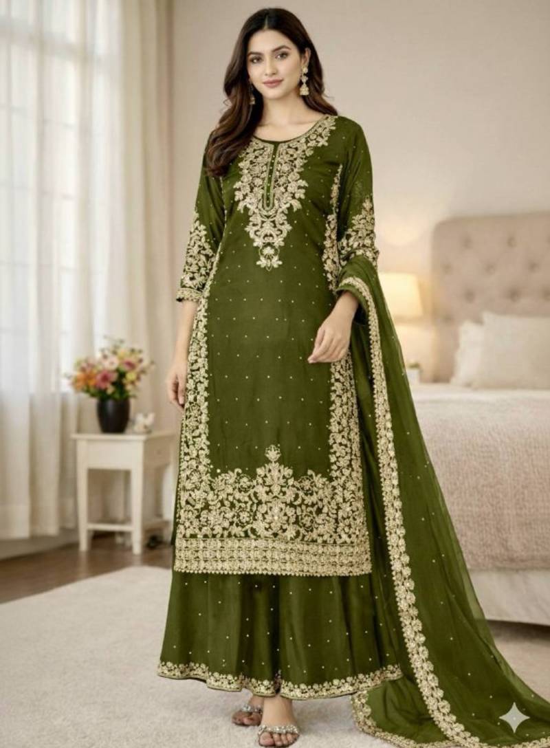 Mehendi green festive wear designer pure gmy silk embroidery coding sequence work with moti work readymade suit