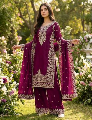 Purple festive wear designer pure gmy silk heavy embroidery sequence work readymade suit 1