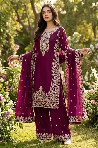 Purple festive wear designer pure gmy silk heavy embroidery sequence work readymade suit