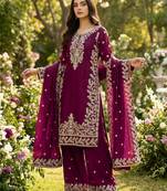 Purple festive wear designer pure gmy silk heavy embroidery sequence work readymade suit