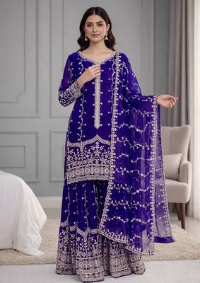Blue festive wear designer pure fendy silk sequence work readymade suit 1