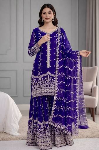 Blue festive wear designer pure fendy silk sequence work readymade suit