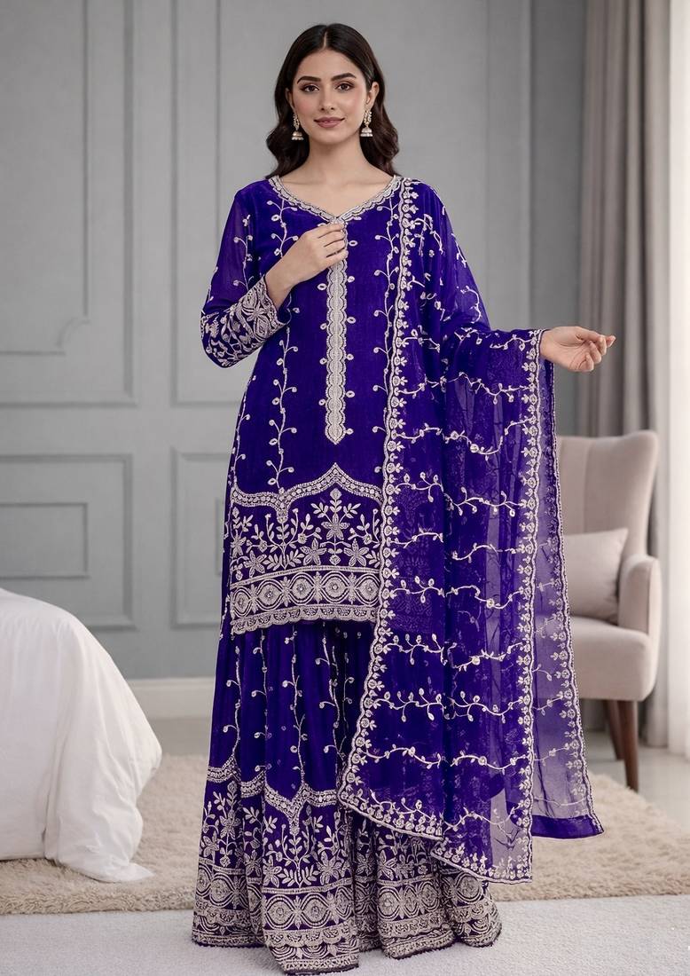 Blue festive wear designer pure fendy silk sequence work readymade suit