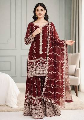 Maroon festive wear designer pure fendy silk sequence work readymade suit 1