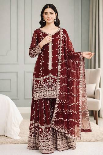Maroon festive wear designer pure fendy silk sequence work readymade suit