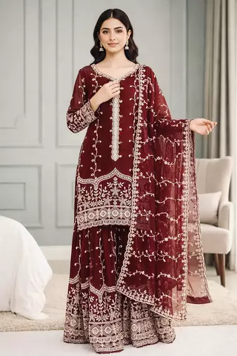 Maroon festive wear designer pure fendy silk sequence work readymade suit