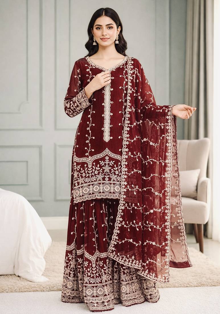 Maroon festive wear designer pure fendy silk sequence work readymade suit