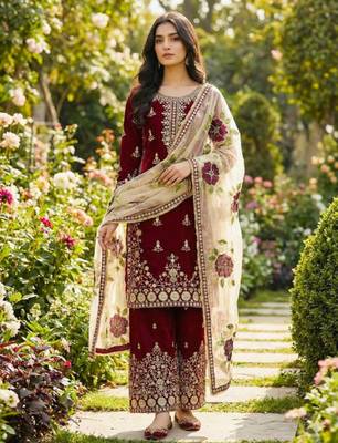 Maroon festive wear designer pure gmy silk heavy embroidery sequence work readymade suit 1